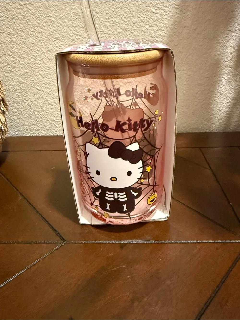 Hello Kitty Pink & Black Skeleton Glass Tumbler w/ lid & Straw- 16 oz- NWT